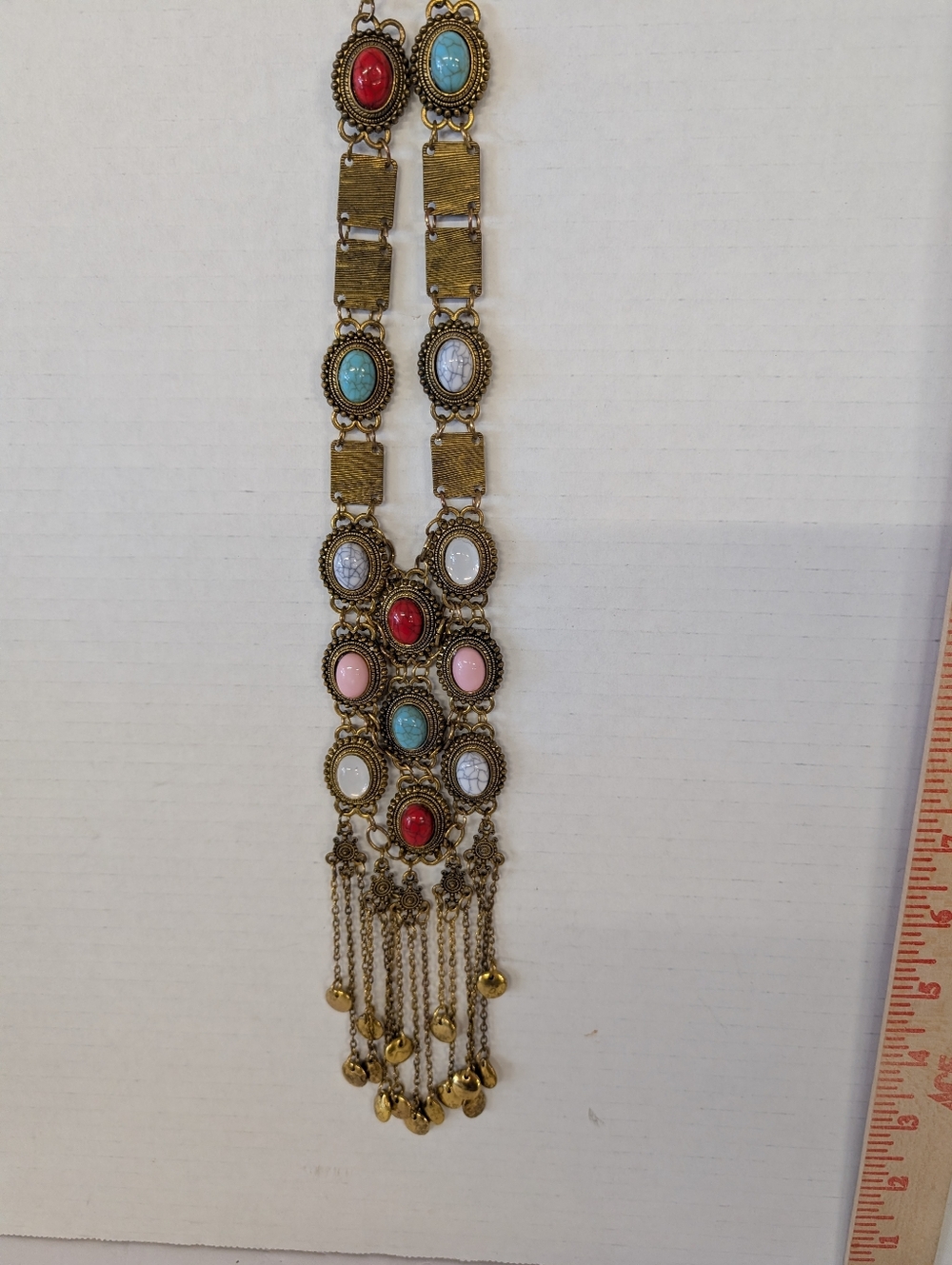 Bohemian Statement Tassel Necklace - Faux Stone  Gold Tone 21 Inches - Picture 5 of 5